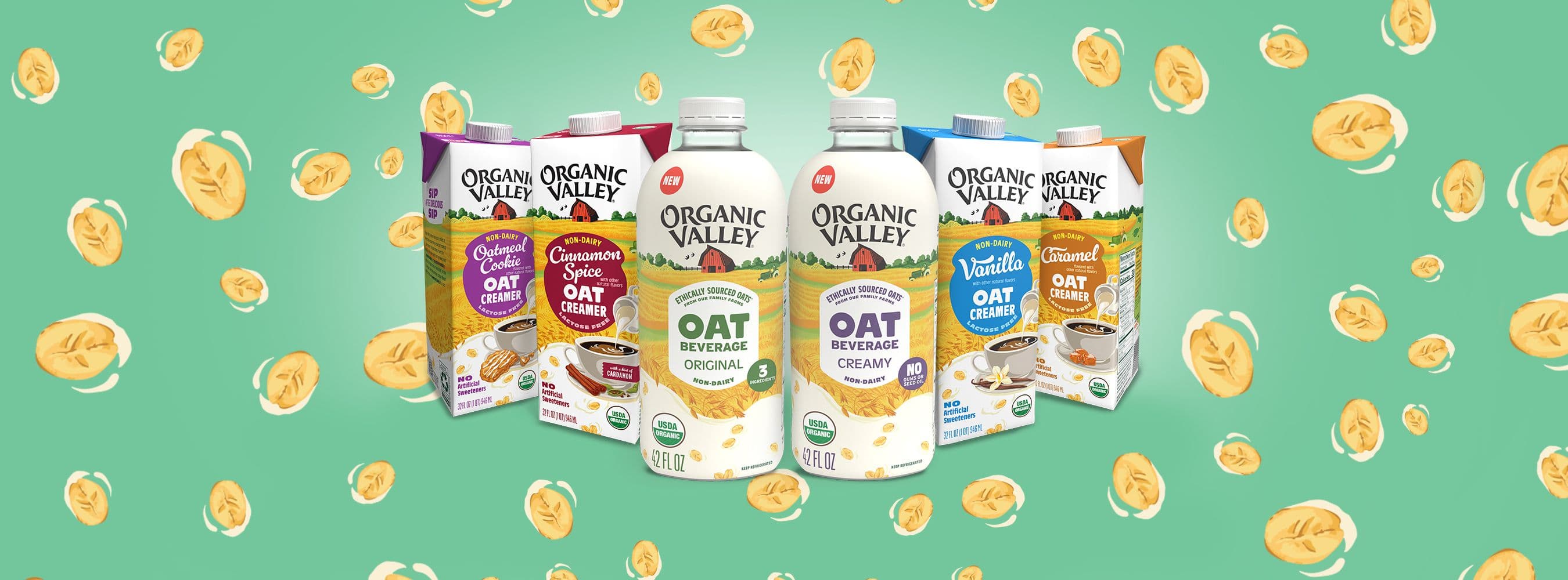 Organic Oat Beverage in Creamy and Original flavors, Organic Oat Creamer in Vanilla, Caramel, Cinnamin Spice and Oatmeal Cookie flavors.